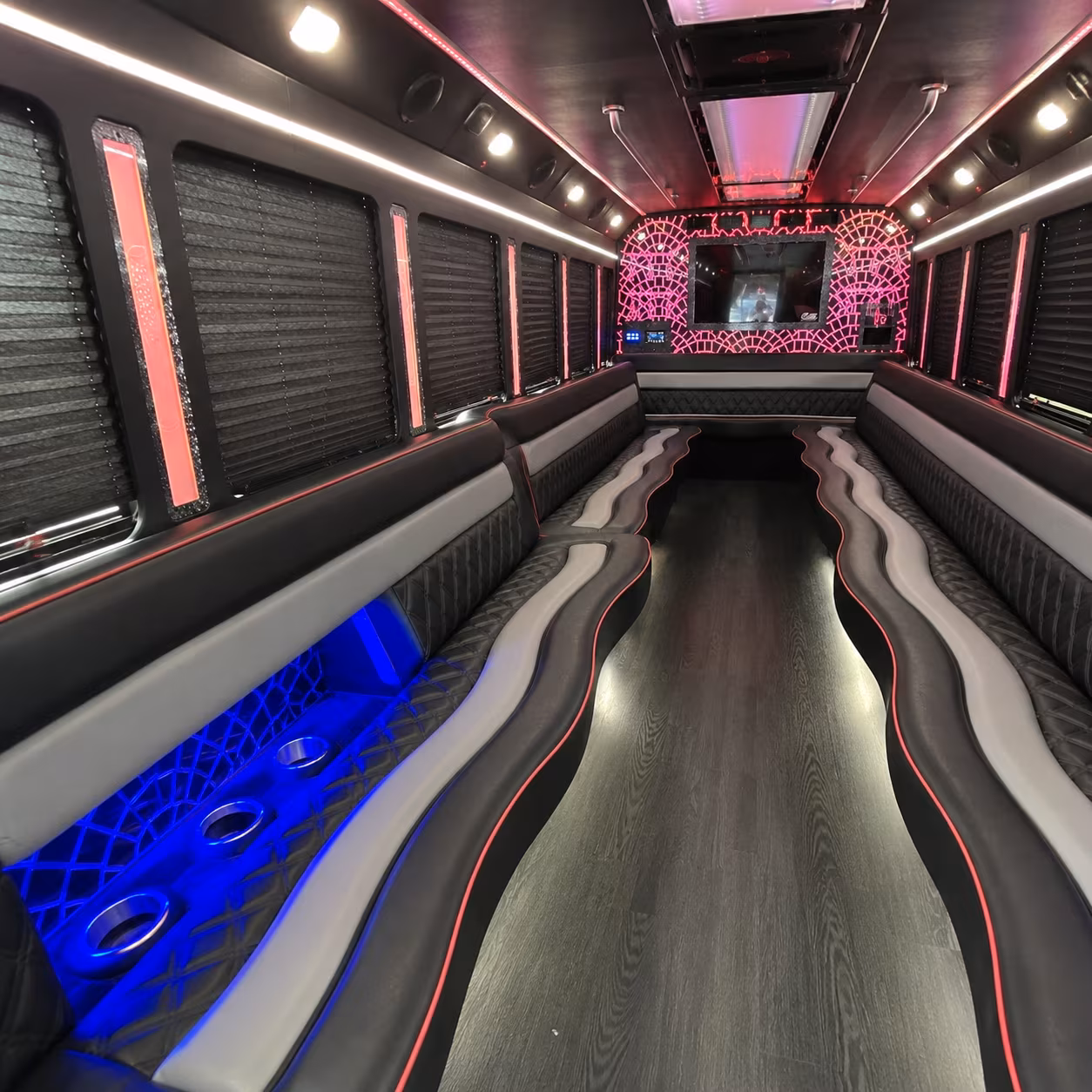 Passenger seating aboard a party bus rental serving Hampton